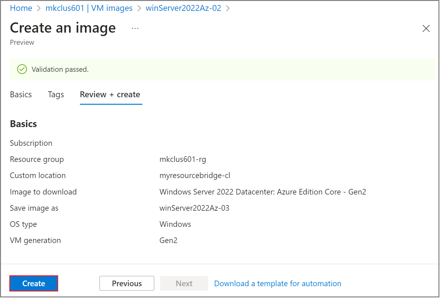 Screenshot showing the Create image dialog for a new VM image.