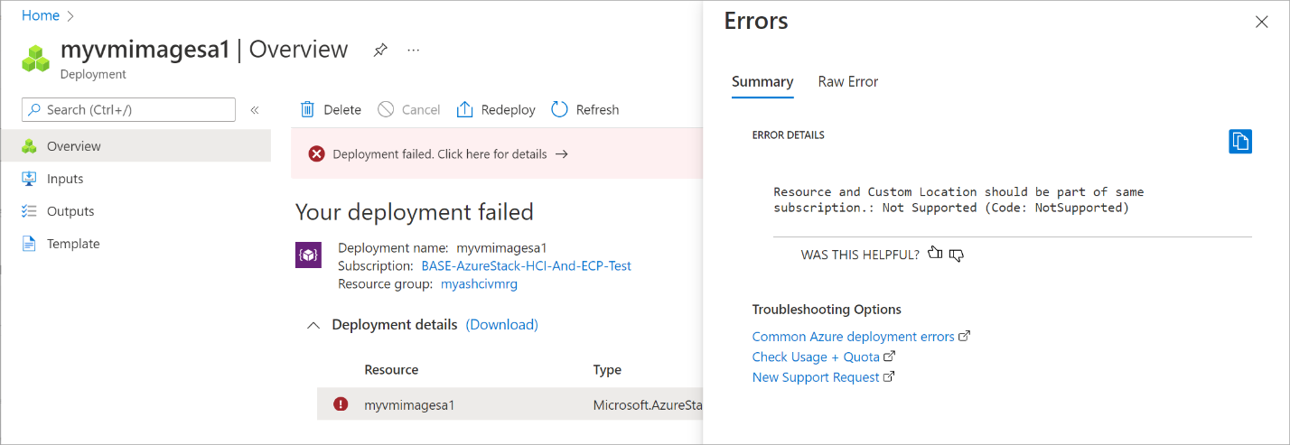 Screenshot showing an error when the download of VM image fails.