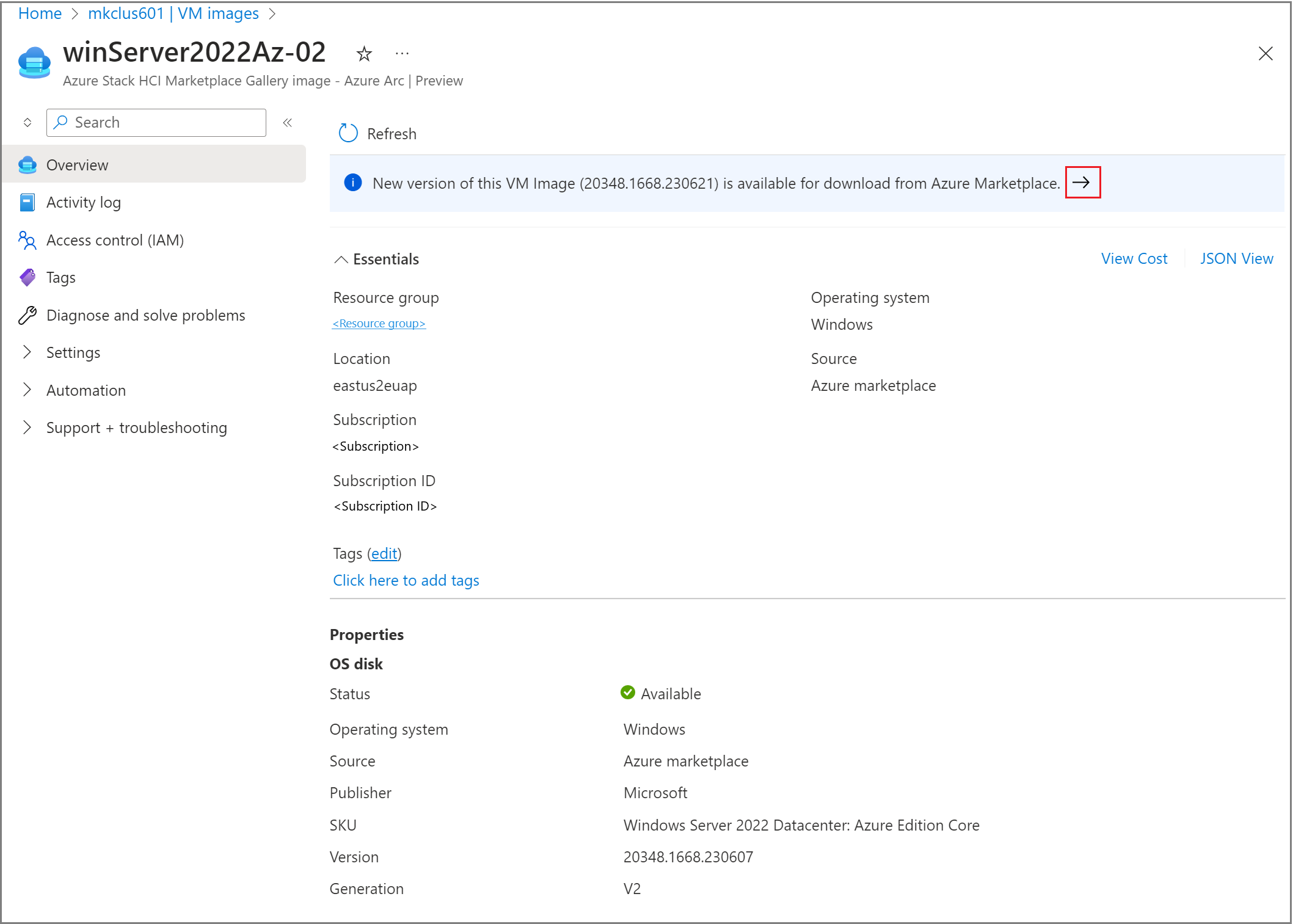 Screenshot showing a new VM image available for download in VM image details.