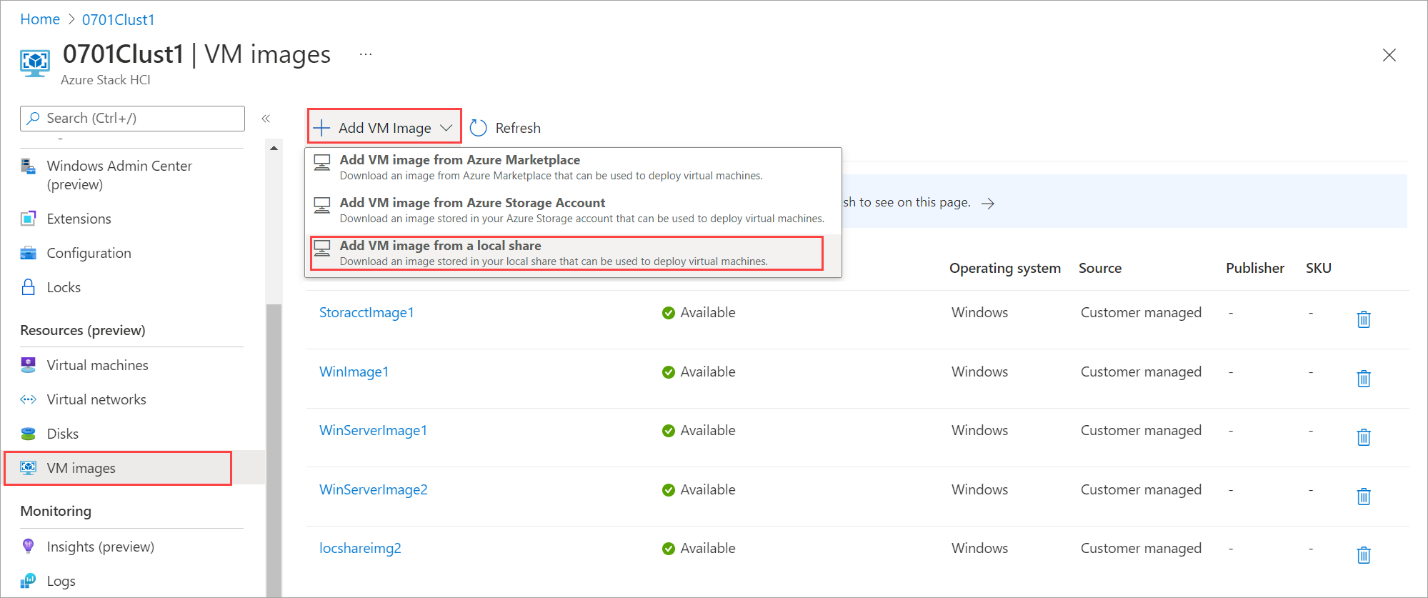 Screenshot showing Add VM image from a local share option.