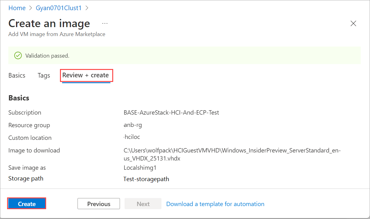 Screenshot of the Create an image page with the Create button highlighted.