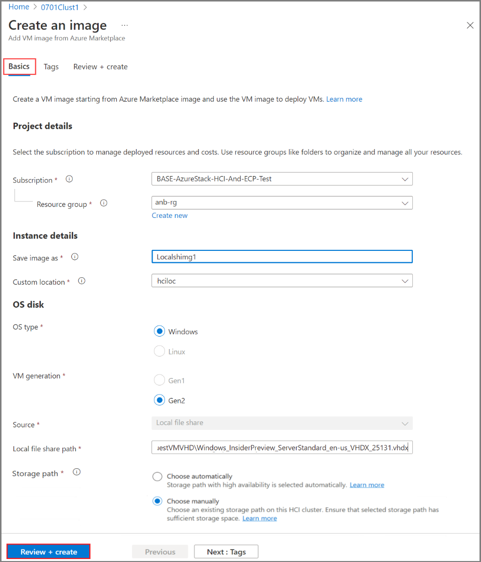 Screenshot of the Create an image page showing the fields in the Basics tab.