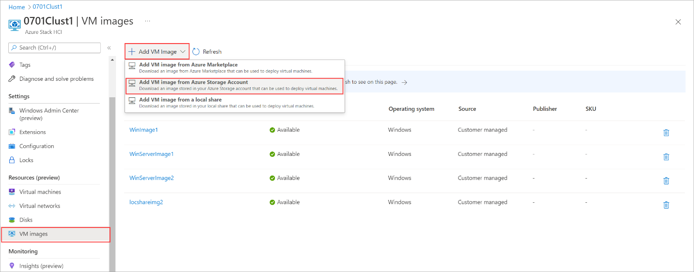 Screenshot showing Add VM image from Azure Marketplace option.
