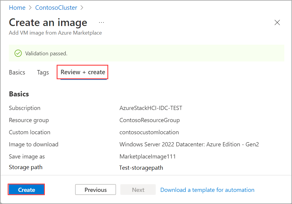 Screenshot of the Create an Image page highlighting the Create button.