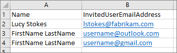 Screenshot that shows the csv file columns of Name and InvitedUserEmailAddress.