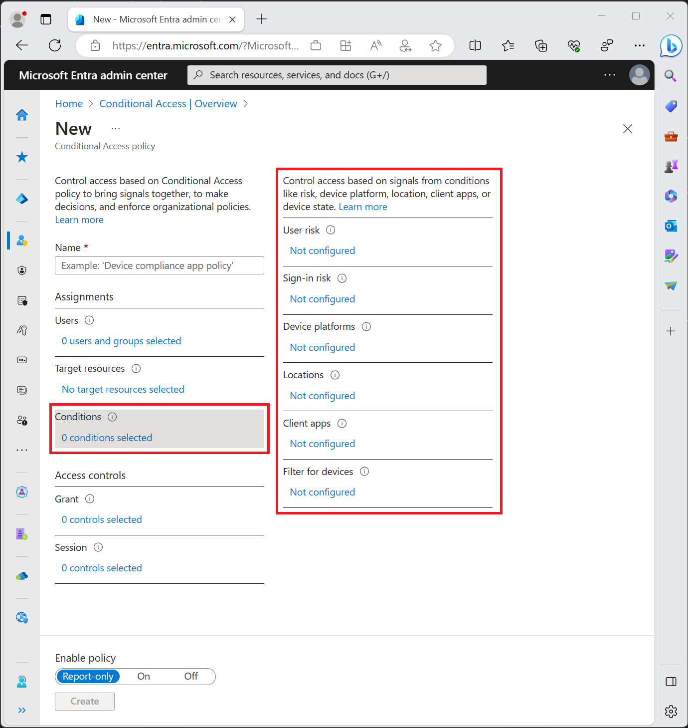 Screenshot of available conditions for a Conditional Access policy in the Microsoft Entra admin center.