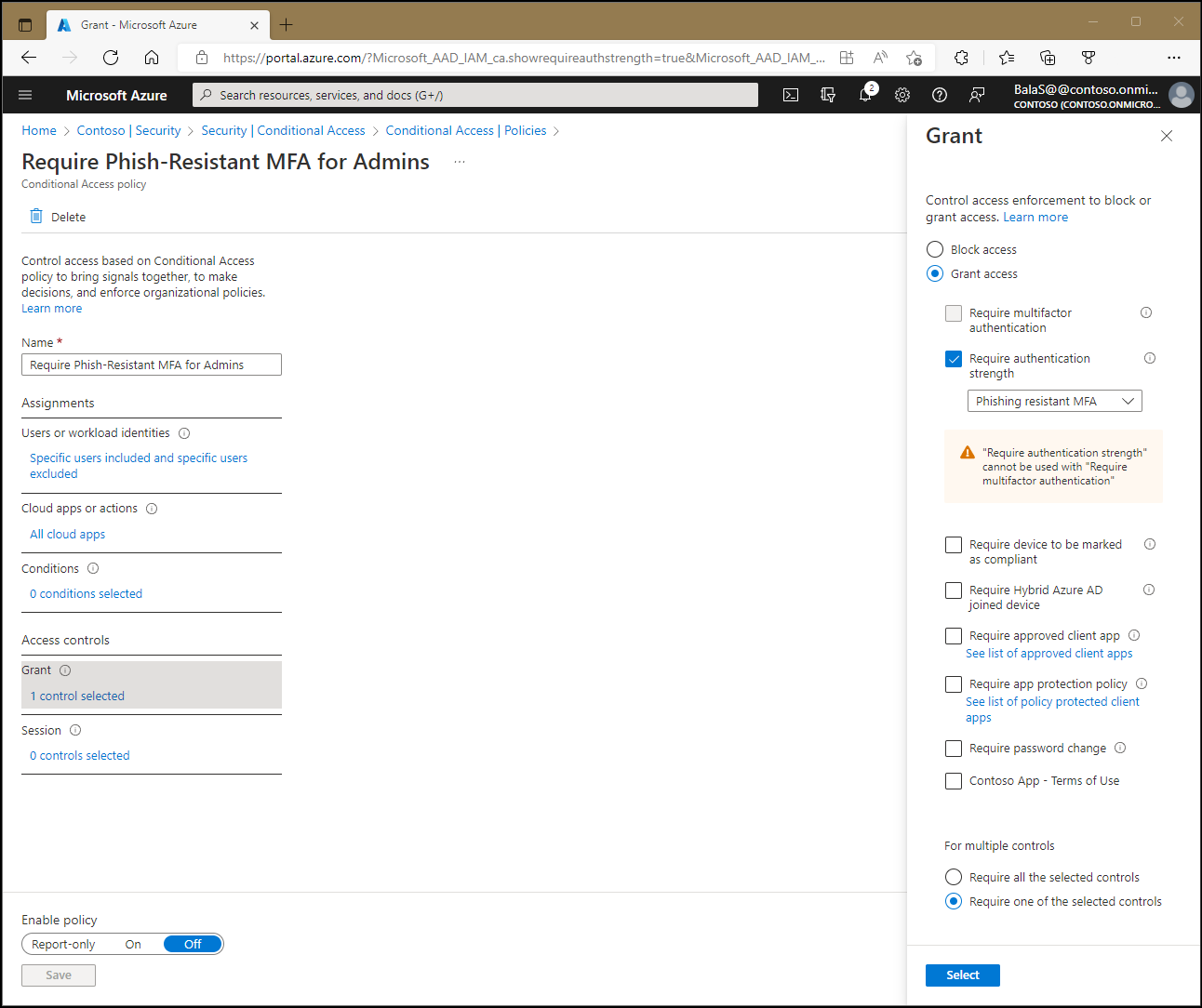 Screenshot of a Conditional Access policy that shows a grant control requiring phishing-resistant multifactor authentication.