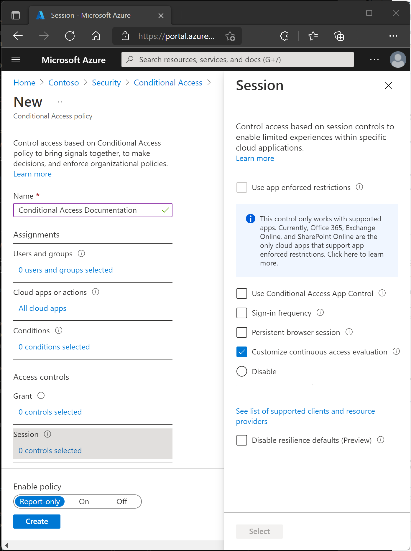 Screenshot of CAE settings in a new Conditional Access policy.
