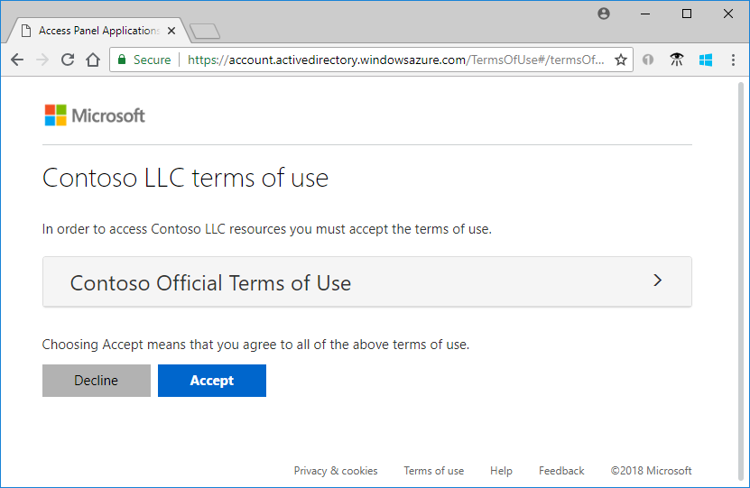A screenshot showing an example terms of use policy that appears when a user signs in.
