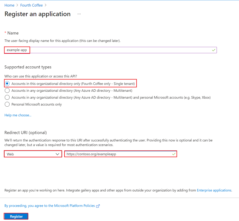 Screenshot showing the application registration page.