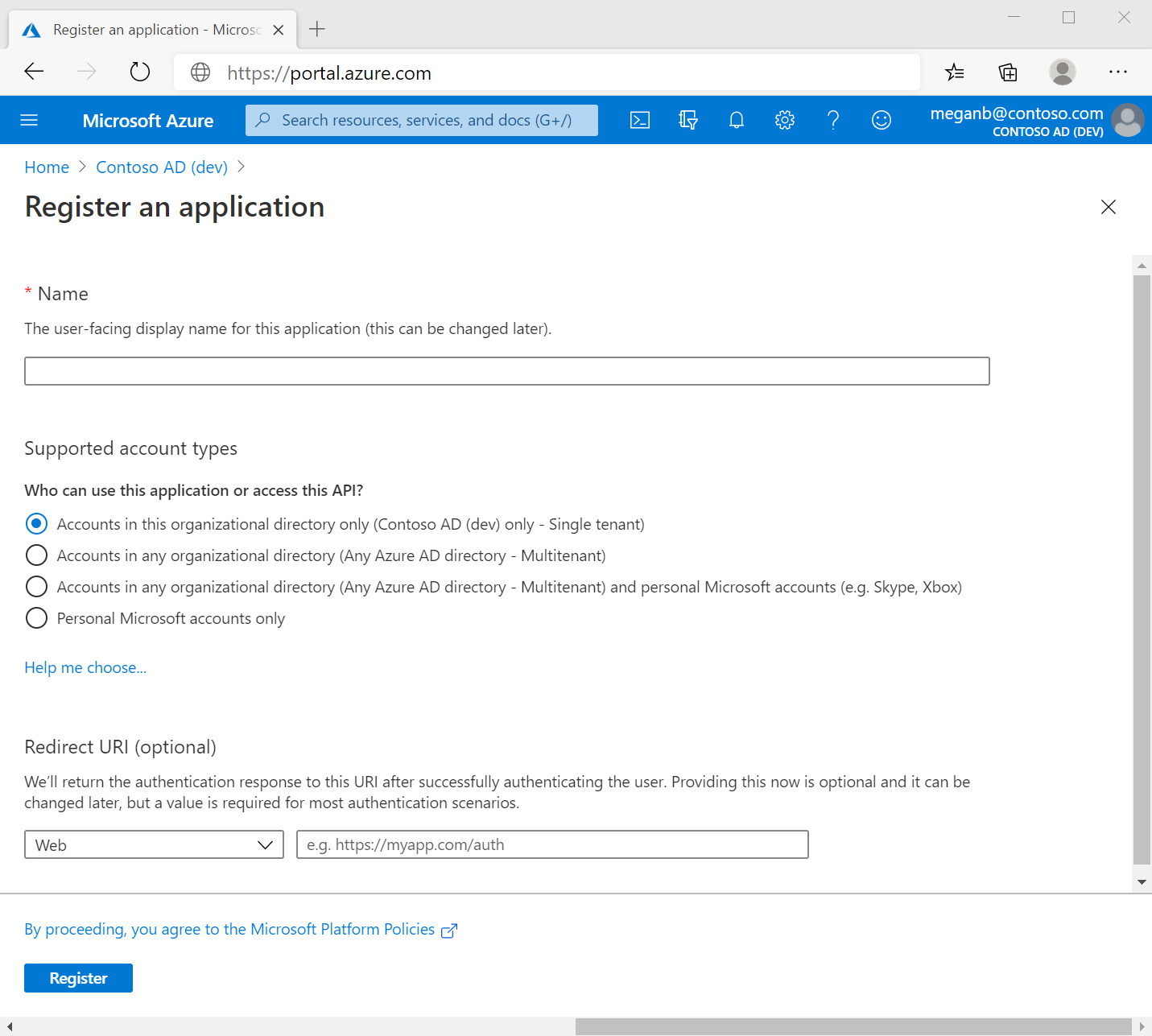 Screenshot of Microsoft Entra admin center in a web browser, showing the Register an application pane.
