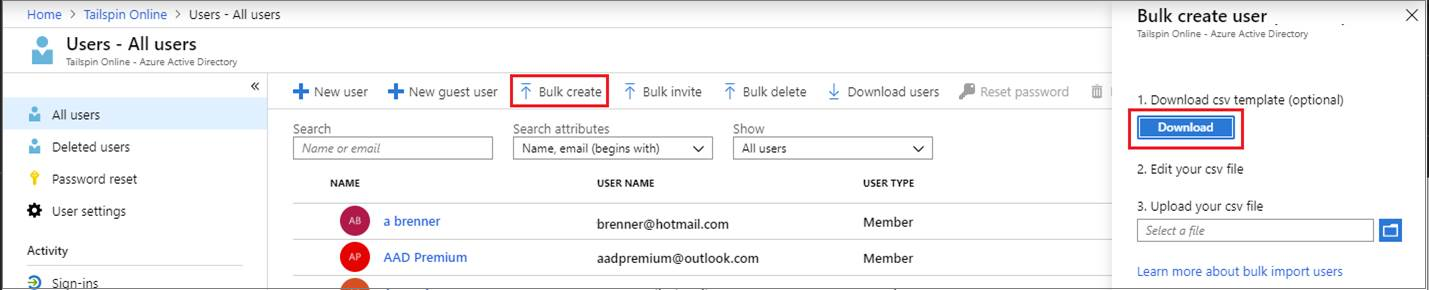 Screenshot showing how to select a local CSV file in which you list the users you want to add.