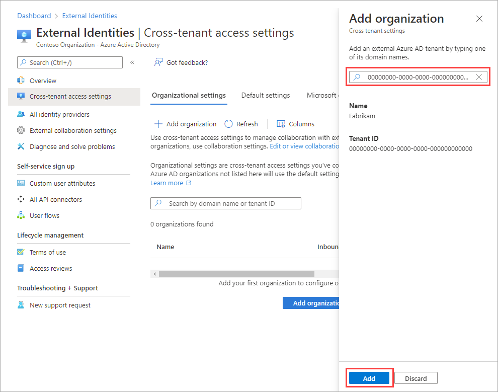 Screenshot showing adding an organization.