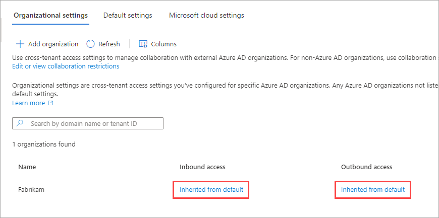 Screenshot showing an organization added with default settings.