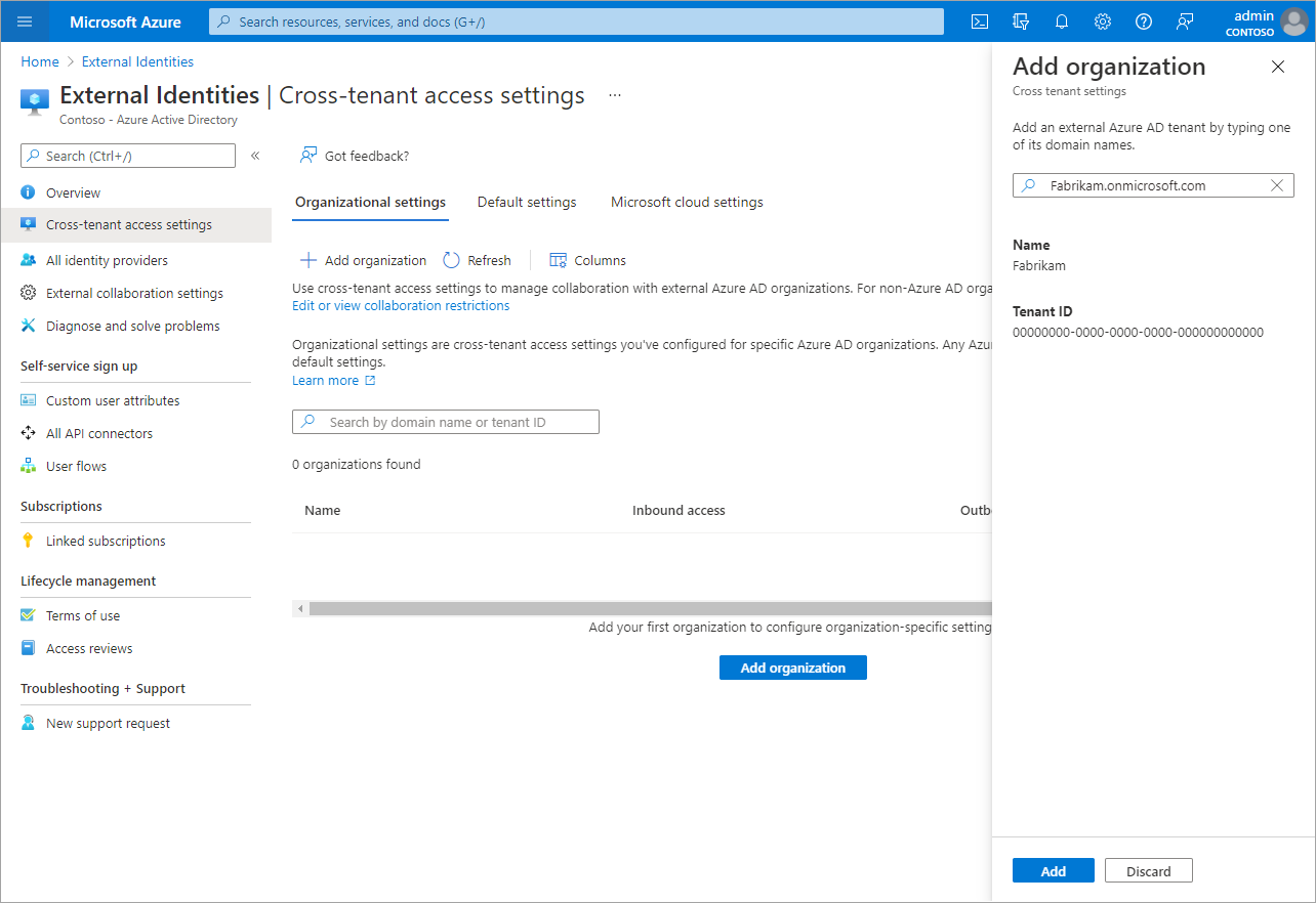 Screenshot showing adding an organization.