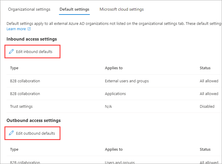 Screenshot showing edit buttons for Default settings.