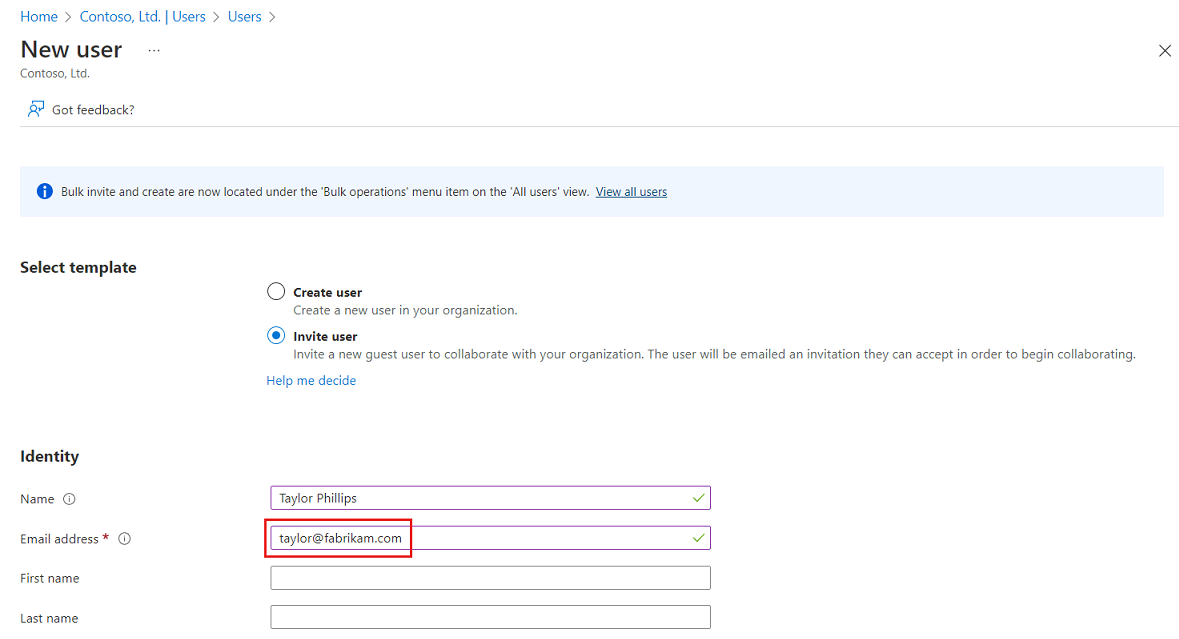 Screenshot of inviting a guest user using the Microsoft Entra account.