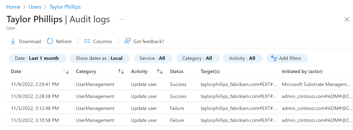 Screenshot that shows the page for audit logs.