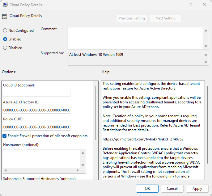 Screenshot that shows the option to enable a firewall policy.