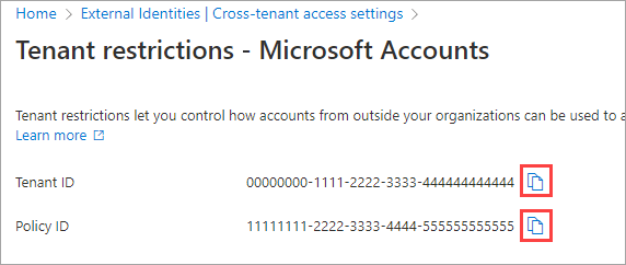 Screenshot that shows a tenant ID and policy ID.