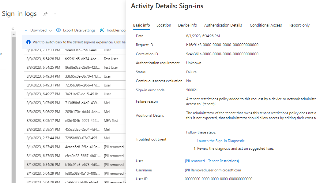 Screenshot that shows activity details for a failed sign-in.