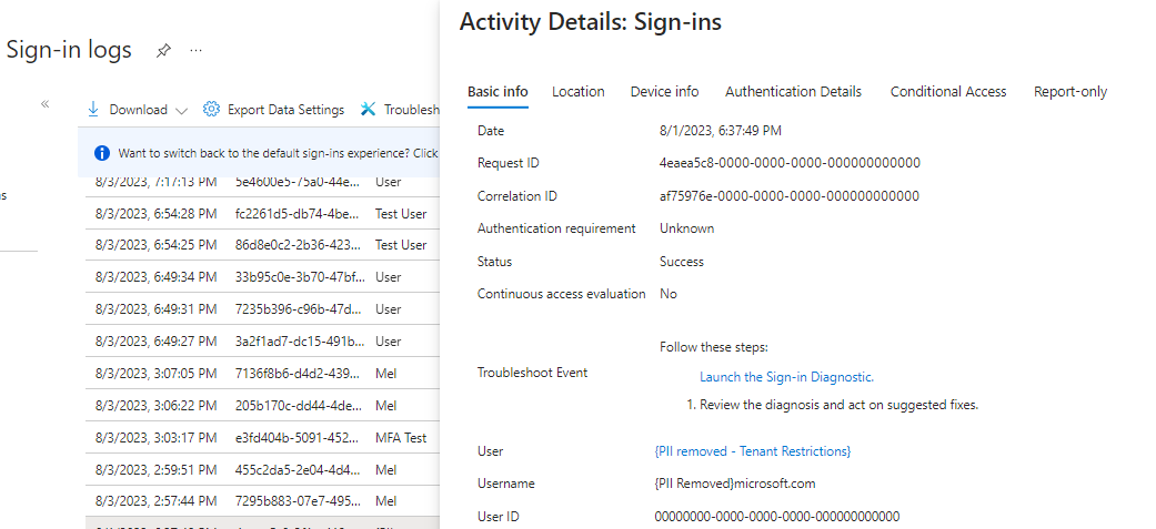 Screenshot that shows activity details for a successful sign-in.
