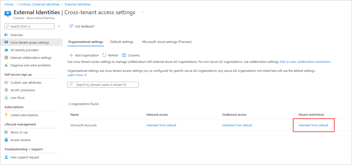 Screenshot that shows an organization added with default settings.