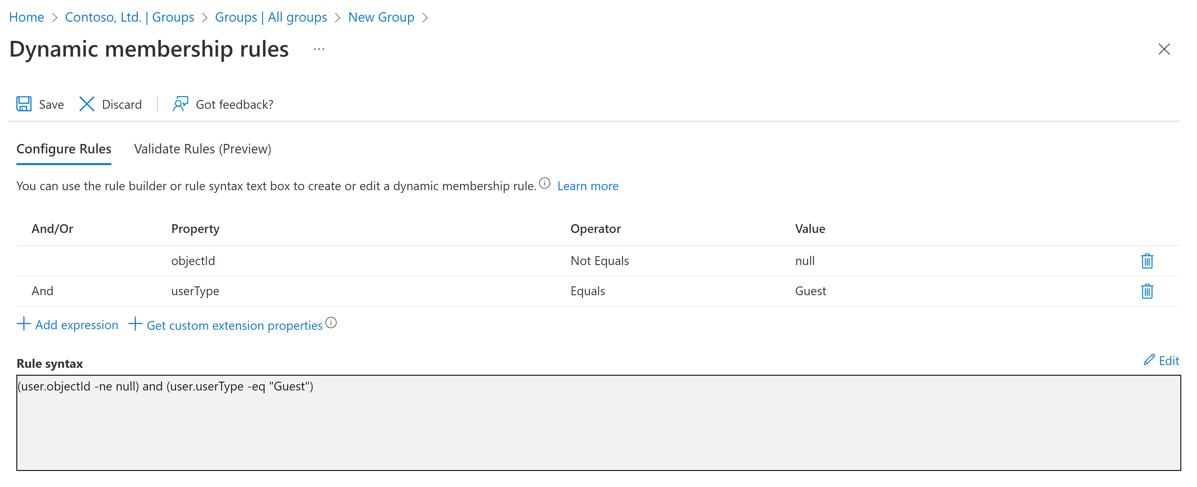 Screenshot of rule syntax where user type equals guest.
