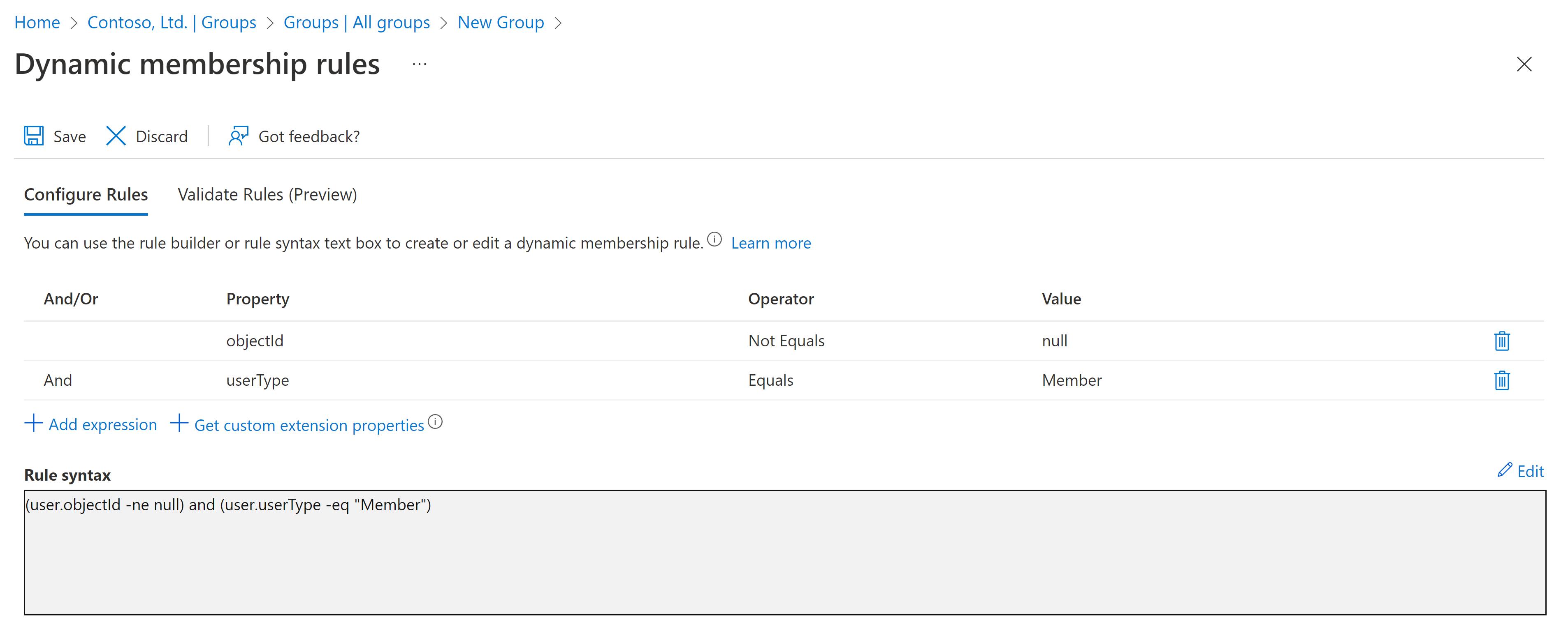 Screenshot of rule syntax where user type equals member.