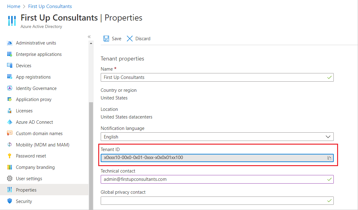 Screenshot of Microsoft Entra ID - Properties - Tenant ID - Tenant ID field.