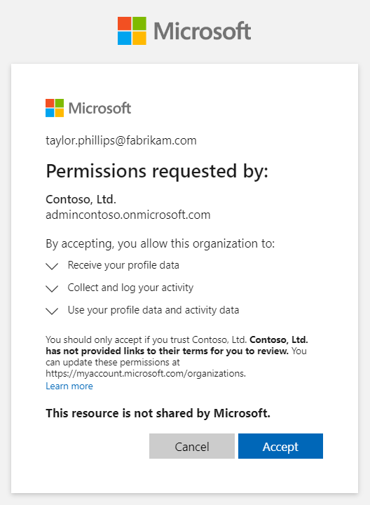 Screenshot showing the B2B Collaboration Review Permissions box with message.