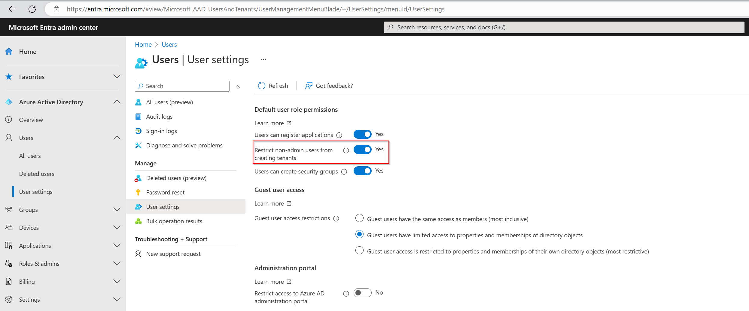 Screenshot showing the option to Restrict nonadmins from creating tenants.