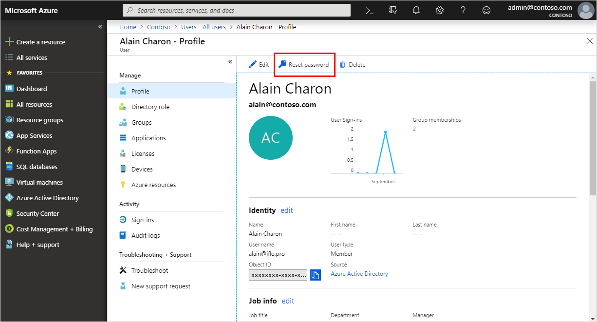 Screenshot of the User's profile page, with Reset password option highlighted.
