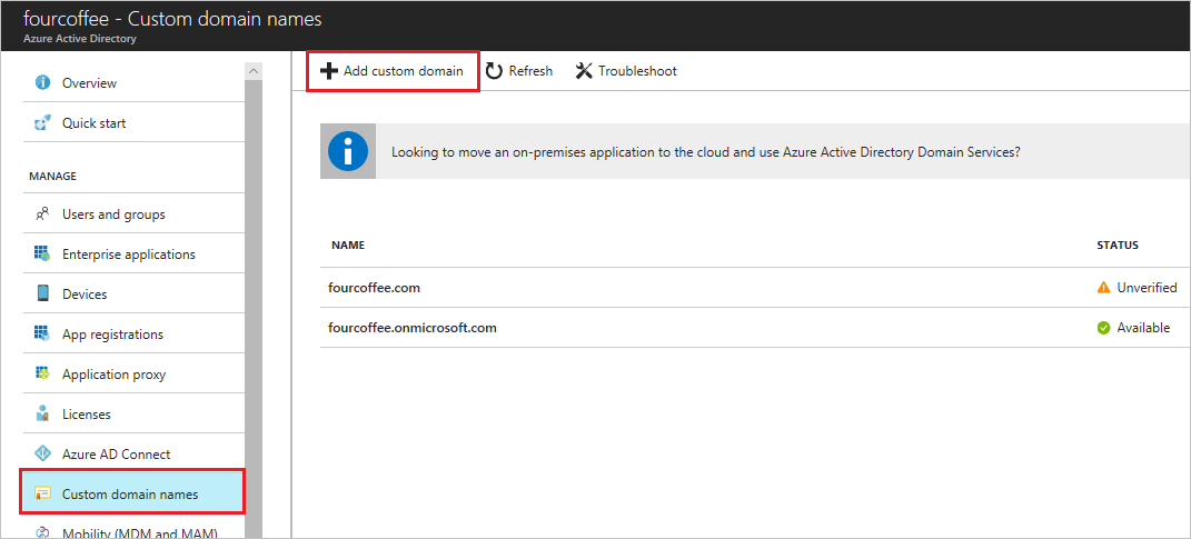 Screenshot of Custom domain names page, with Add custom domain shown.