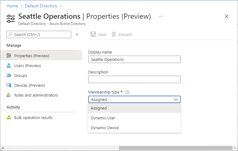 Screenshot of an administrative unit Properties page with Membership type list displayed.
