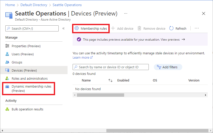 Screenshot of an administrative unit with Membership rules and Dynamic membership rules options to open rule builder.