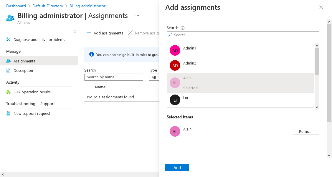 Screenshot of Add assignments pane for selected role.