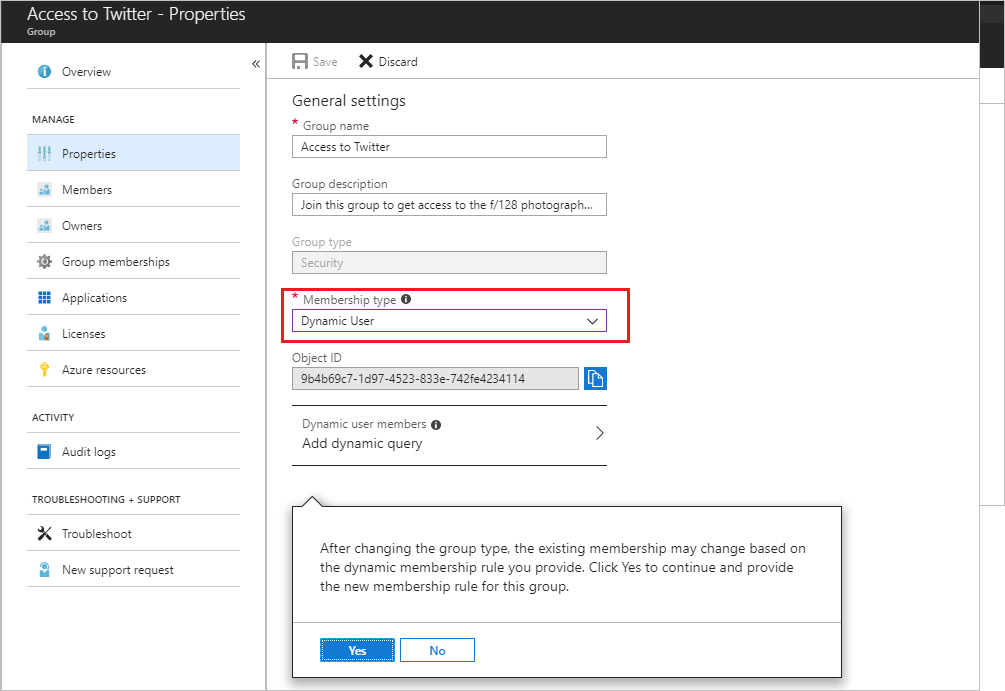Screenshot of selecting a membership type of dynamic user.