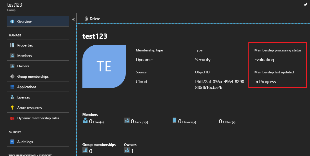 Screenshot that shows the status of a dynamic membership group.