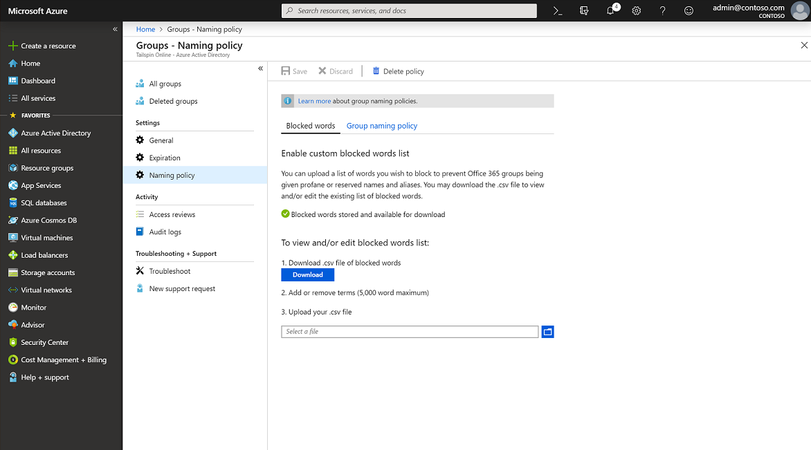 Screenshot that shows editing and uploading a blocked words list for a naming policy.