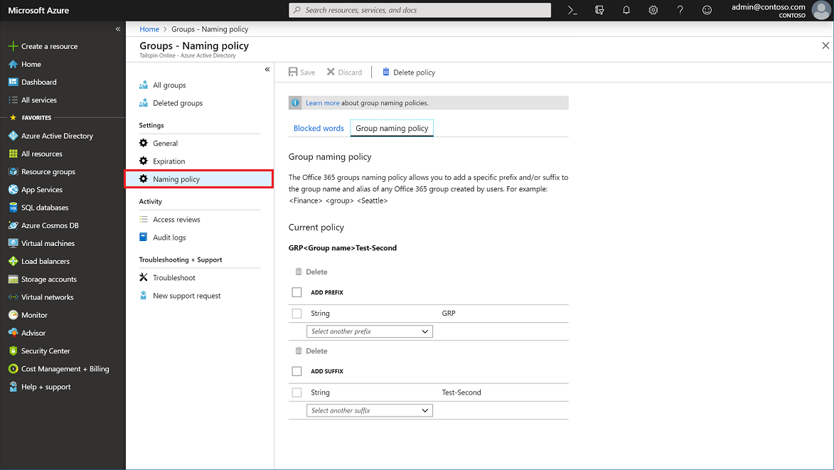 Screenshot that shows opening the Naming policy page in the admin center.