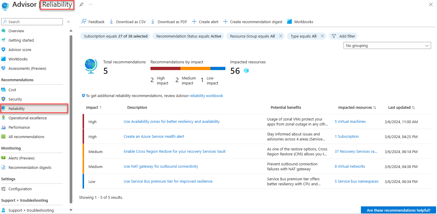 Screenshot of the Advisor Reliability recommendations page.