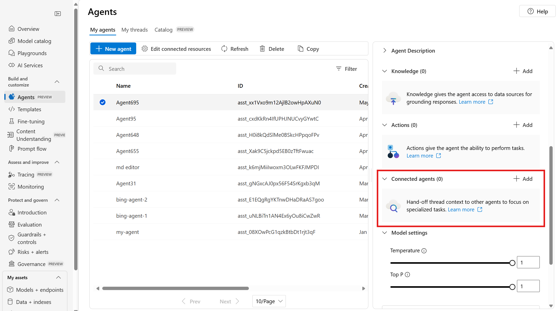 A screenshot of the agents page in the Azure AI Foundry.