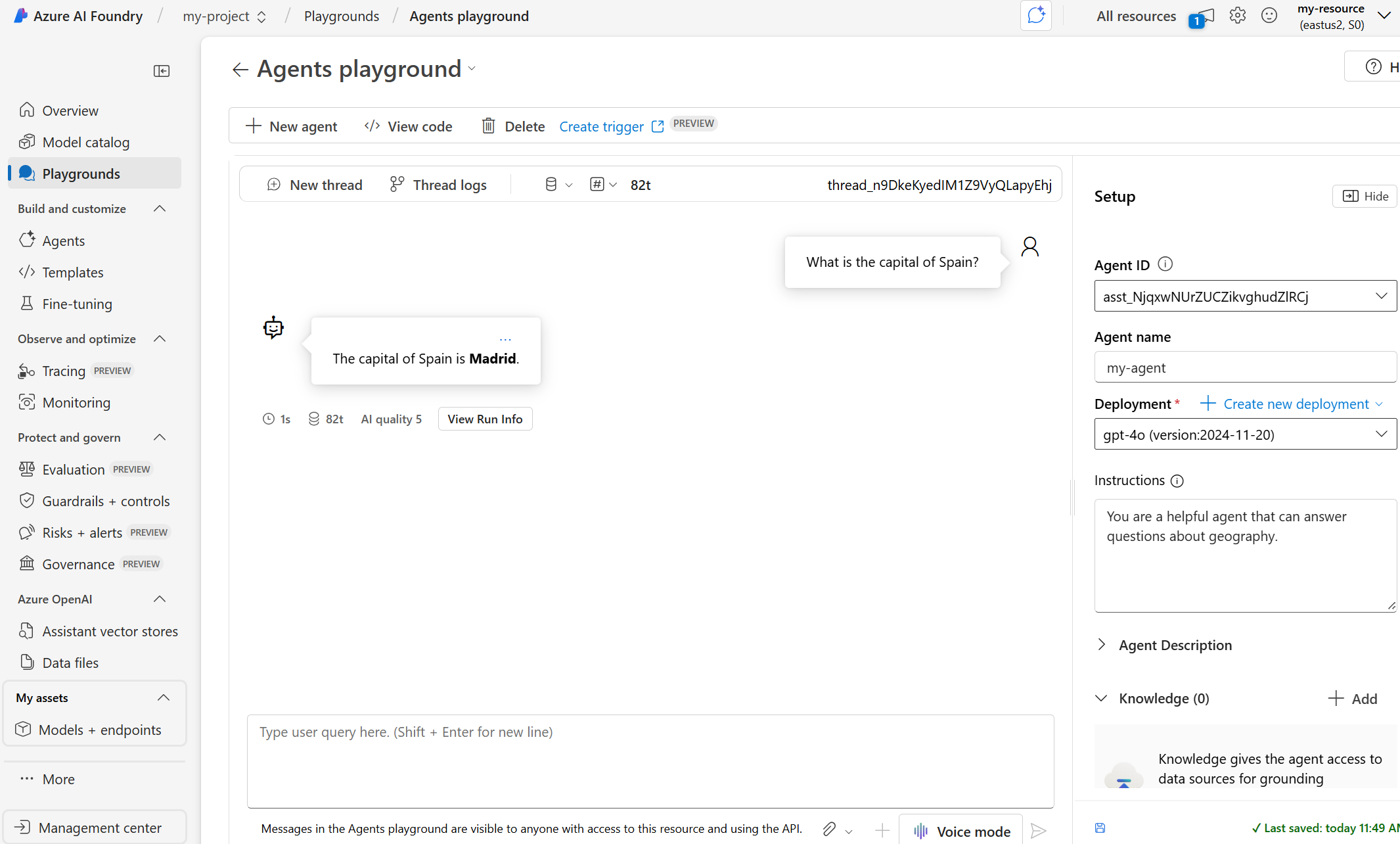 Screenshot of the agent playground.