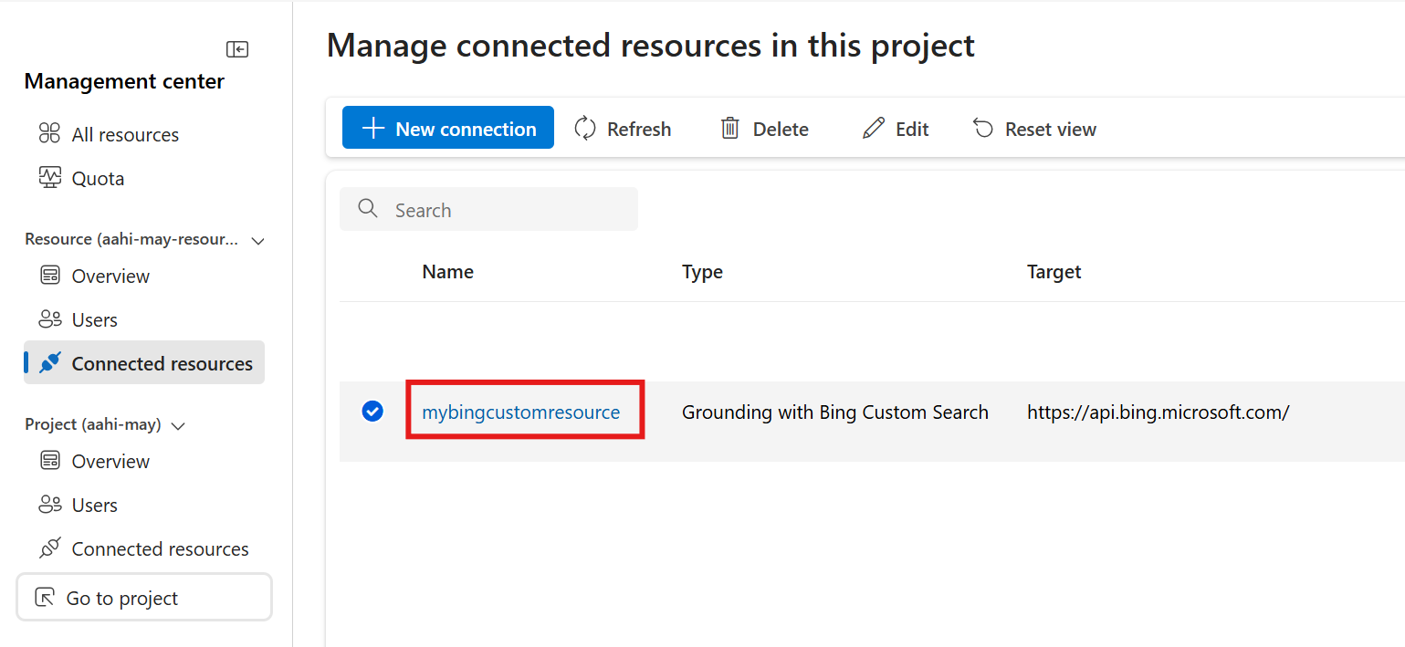 A screenshot showing the Grounding with Bing Custom Search resource name.