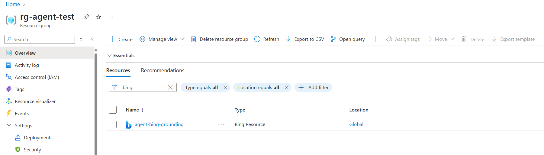 A screenshot of the Bing resource in the Azure portal.