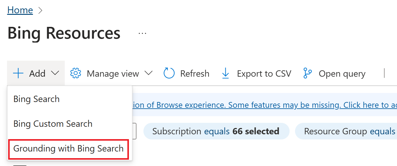 A screenshot of the Bing resource selection in the Azure portal.