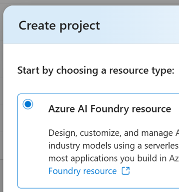 A screenshot of the Azure AI Foundry project type.