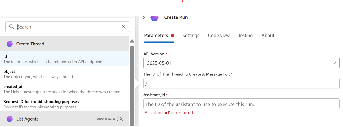 Screenshot of the Create Run connector.