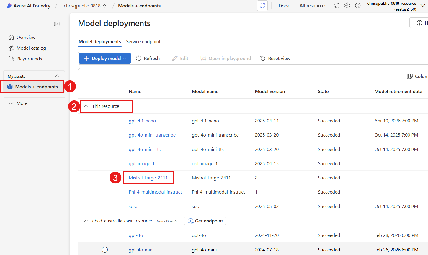 Screenshot showing the list of models available under a given connection.